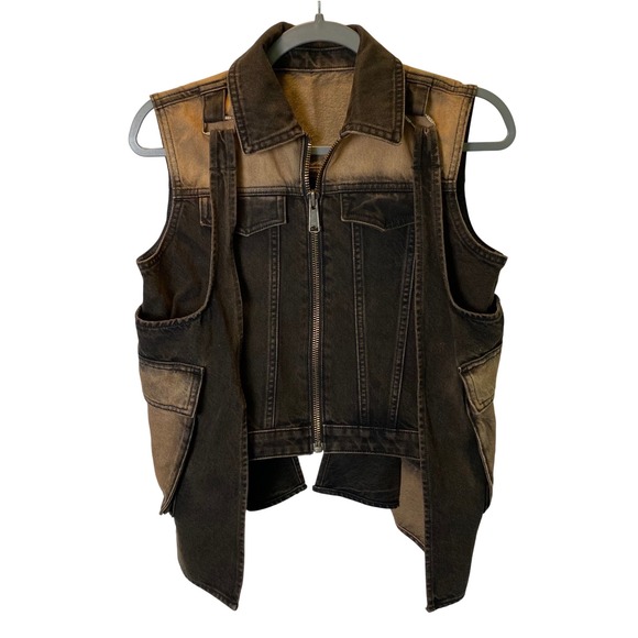 Wrangler Jackets & Blazers - Wrangler Utility Vest Women Sample Brown Tint Black Denim Zip Cargo Grunge